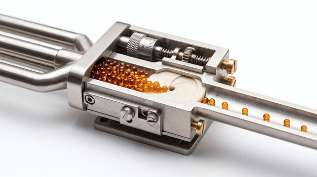 Close up of precision pharmaceutical manufacturing equipment dispensing orange medicinal capsules in an automated laboratory setting