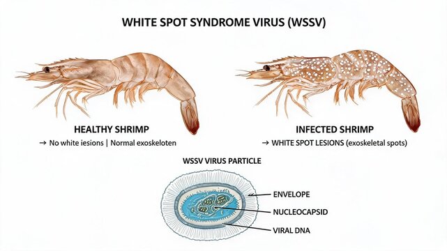 White Spot Syndrome Virus WSSV comparative scientific illustration, healthy shrimp vs infected shrimp with white spots and annotated WSSV virus particle anatomy