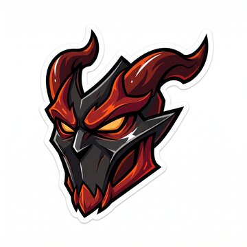 Fierce red demon mask sticker with glowing yellow eyes, horned fantasy creature vector illustration