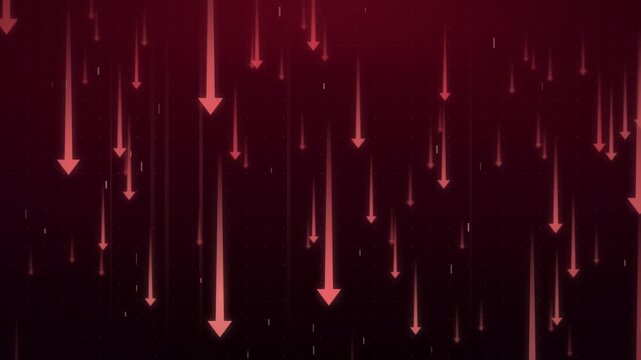 Glowing red arrows falling downward across a dark technology background, symbolizing decline, loss, market crash, recession, falling profit and financial risk in business and trading