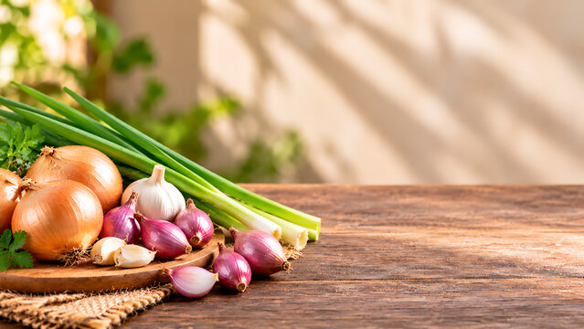Fresh onions, shallots, and garlic bulbs rest on a wooden cutting board beside green scallions.
