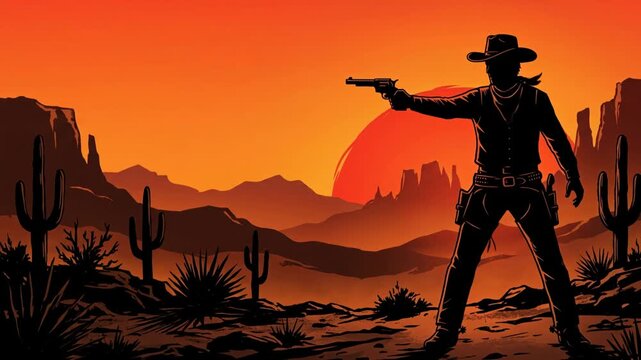 Cartoon silhouette illustration of a Wild West cowboy on sunset background, 4K video