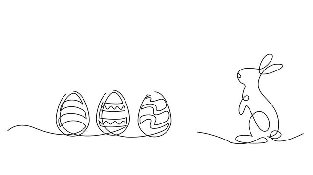 Animated Continuous Line Drawing of Easter Bunny and Decorated Eggs on White Background