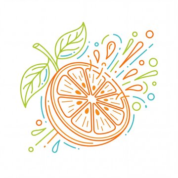 Fresh orange slice with juice splash line art illustration
