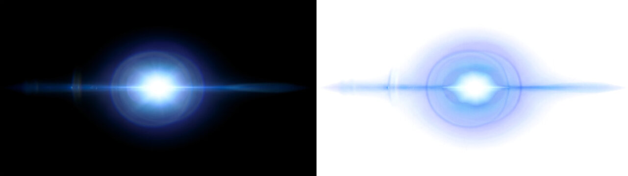 Dual Blue Anamorphic Lens Flare Light Effect Isolated on Transparent Background, Glowing Optical Flash Beams, Futuristic Headlight Rays and Luminous Energy Orbs for Sci-Fi Overlay Design