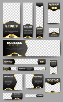 Black and gold Banner templates set with standard size for web. Business banner with place for photos for Social Media, Cover ads banner, flyer, invitation card. Vector