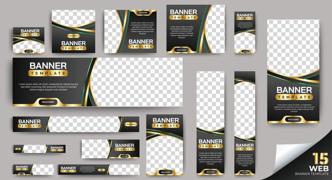 Black and gold Banner templates set with standard size for web. Business banner with place for photos for Social Media, Cover ads banner, flyer, invitation card. Vector