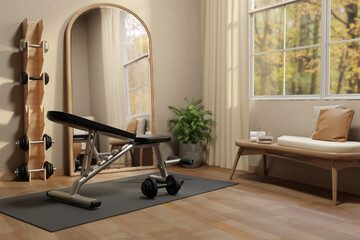Obraz na płótnie Canvas Modern Home Gym Interior with Weight Bench Dumbbells and Arched Mirror