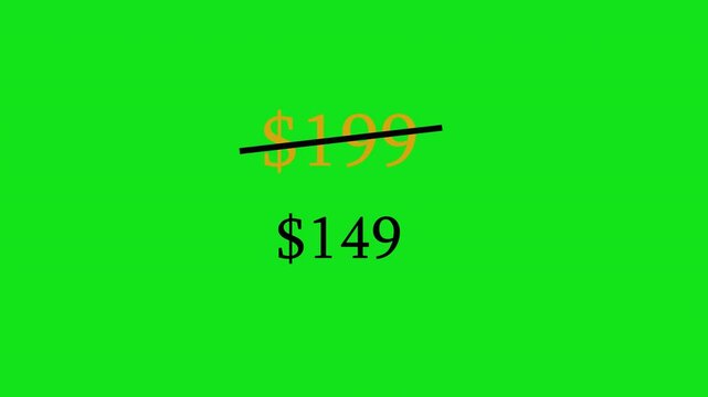 Animated Price cut strikethrough from 199 dollars to 149 dollars discount offer 4k animation with alpha channel price tag discount from 99 to 49 animated on transparent background