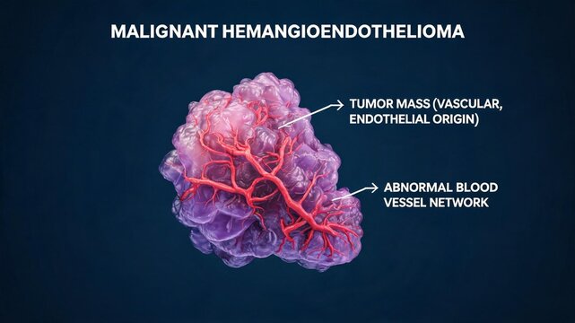 Malignant hemangioendothelioma 3D medical render, labelled diagram of tumor mass of endothelial origin and abnormal blood vessel network, vascular neoplasm illustration