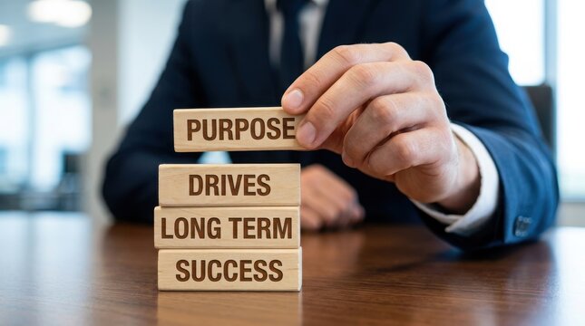 Business person building blocks with purpose drives long term success concept