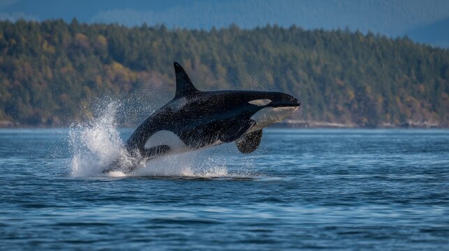 Bigg&rsquo;s orca whale leaping out of the ocean near vancouver island, canada, majestic killer whale in its natural marine habitat, marine wildlife, aquatic mammal, ocean biodiversity, and sea life in the 