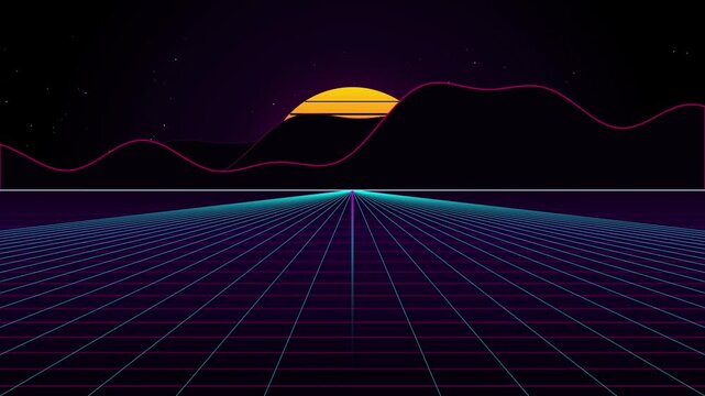 Retro wave grid landscape with glowing sun and dark mountains in 1980s synth wave vector style