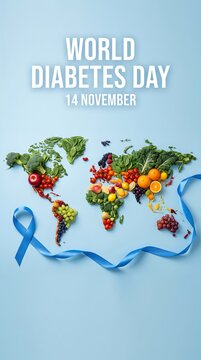 World Diabetes Day vertical poster with world map made of fresh vegetables