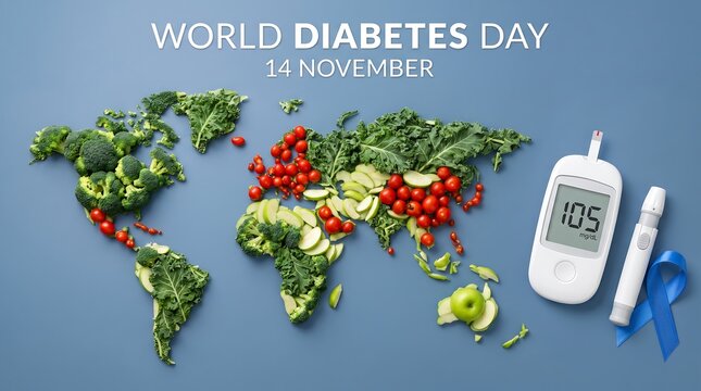 World Diabetes Day banner with vegetable world map and glucometer