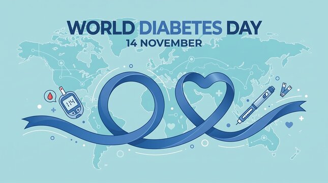 World Diabetes Day vector banner with heart ribbon and world map