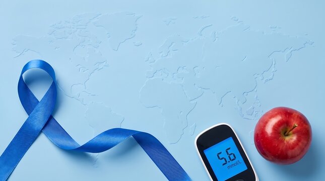 World Diabetes Day banner with blue ribbon glucometer and red apple