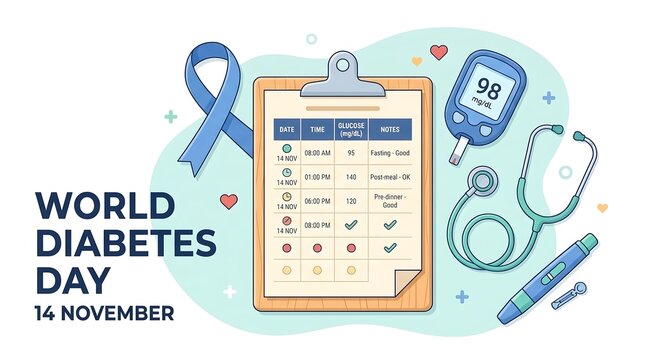 World Diabetes Day banner with medical clipboard glucometer and blue ribbon