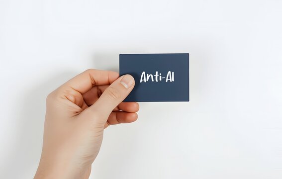 Hand holding blue card written Anti-AI - growing cultural, marketing, and activist movement opposing the unchecked spread of artificial intelligence