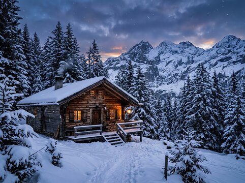 Cozy Log Cabin Nestled in a Snowy Alpine Forest at Dusk