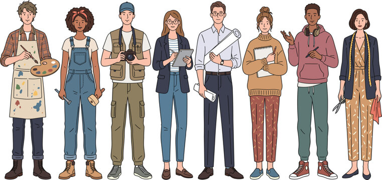 A diverse group of people standing in a row, representing various professions including an artist, photographer, architect, student, and tailor, isolated on a white background