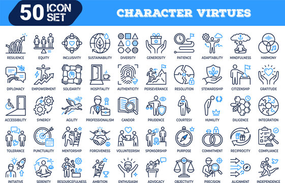 Character virtues icon set, Personal values and virtues icons, Moral qualities icon collection, Positive traits symbols, Character virtues icon vector, Character virtues outline icon pack
