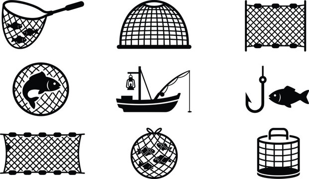 Commercial fishing equipment black solid silhouette icon set with boat net trap hook and fish vector