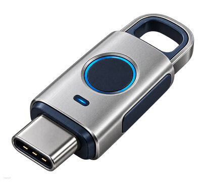 Modern USB-C Flash Drive with Metallic Housing on Transparent Background