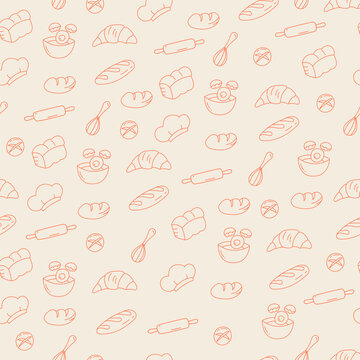 Bread and baking utensils pattern on cream background