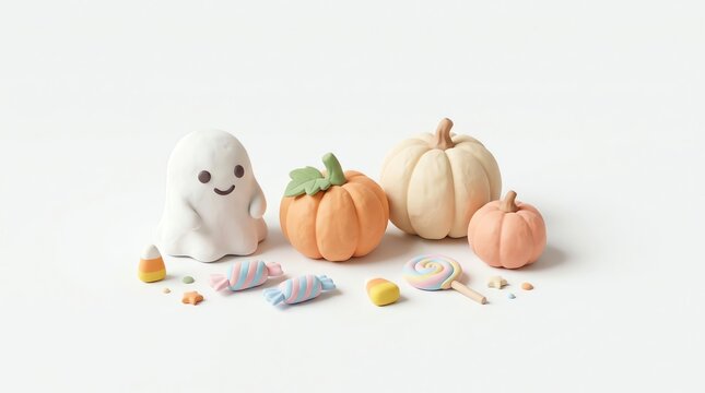 Cute Halloween Figurines and Candies Arranged on White Background