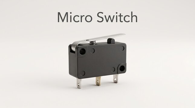 Micro switch component for electronic circuits isolated on white background showing lever mechanism and metal terminals for precision control applications