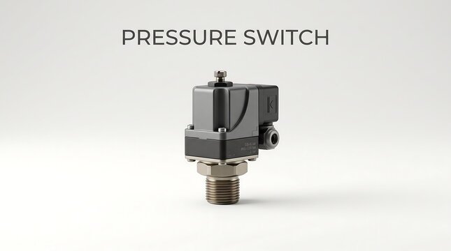 Pressure switch for industrial pneumatic systems isolated on white background showing threaded port and electrical connection housing for monitoring