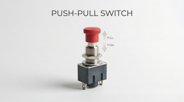 Push-pull switch for industrial machinery control with red knob and clear directional labels isolated on a bright white studio background for clarity