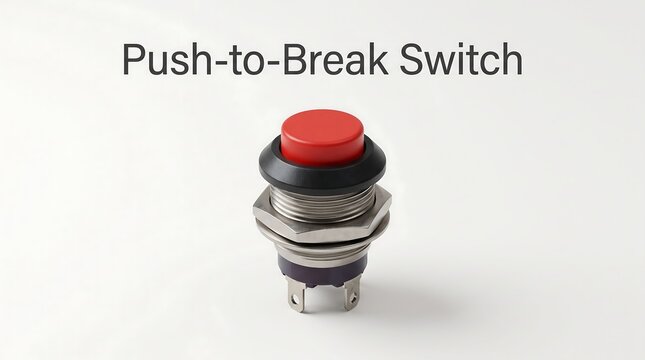 Push-to-break switch with red button and metallic casing isolated on white background for industrial circuit interruption and safety applications
