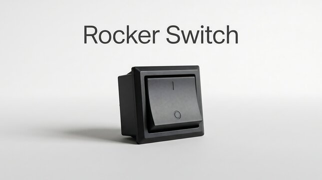 Rocker switch in black plastic housing with clear markings isolated on white background for automotive and consumer electronic control interfaces