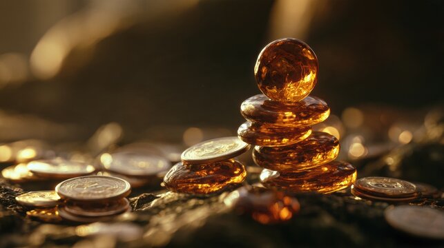 Concept depicts microfinance with small amber loans stacking up to symbolize financial growth in a developing economy.