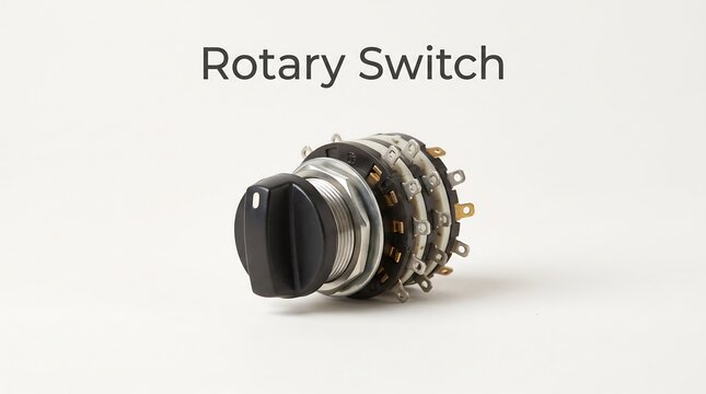 Rotary switch with multiple contact layers and black knob isolated on white background for complex multi-position circuit control applications