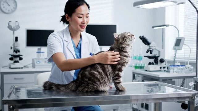 Asian Female Veterinarian Performing a Physical Exam on a Cat in a Clinical Lab