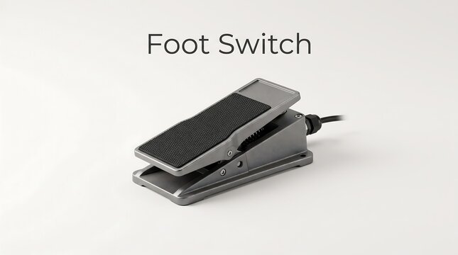 Industrial metal foot switch pedal for heavy machinery operation isolated on white background