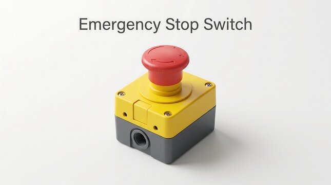 Emergency stop switch with red mushroom head on yellow base for industrial machinery safety