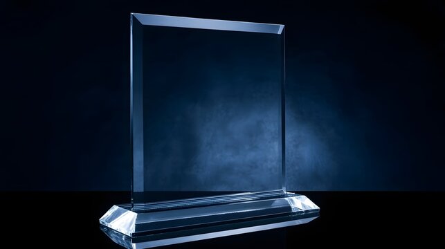 A sleek  transparent glass award plaque stands upright on a polished base against a dark  atmospheric background with soft blue lighting