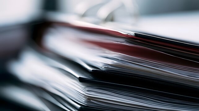 Close up of stacked office folders with blurred background  showing organized paperwork and professional document storage