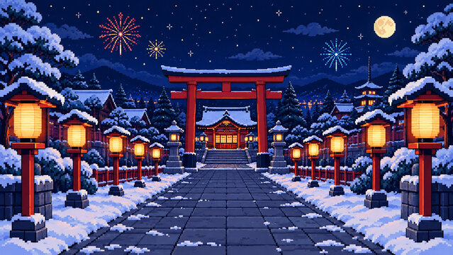 Pixel art snowy Japanese shrine at night with lanterns, torii gate and fireworks, retro game style New Year background