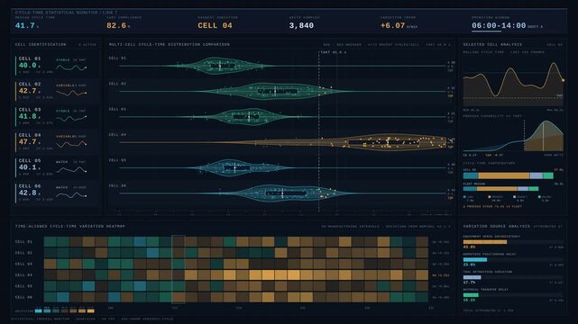 4K industrial dashboard analyzing manufacturing cycle time variations with violin plots, box-whisker summaries, and takt-time compliance metrics across six production cells in a dark interface.