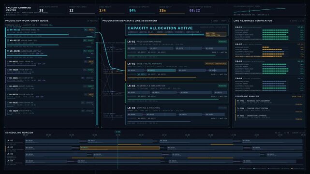 Premium factory command center visualizing work order queues, production line readiness, and dispatch scheduling with dark industrial UI, cyan highlights.