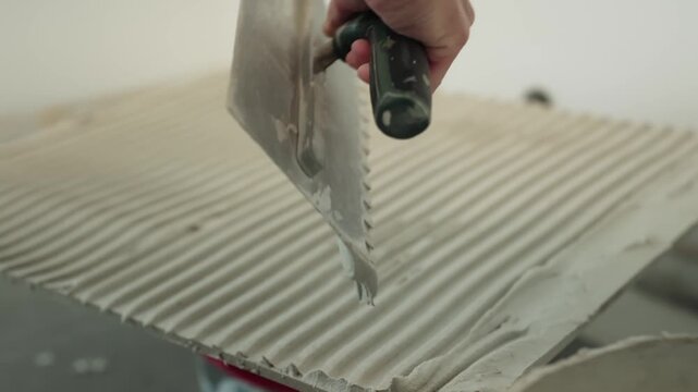 Close-up of a worker combing fresh adhesive into uniform parallel ridges across the back of a large floor tile with a notched trowel before installation.