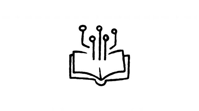 Animated doodle icon of an open book with circuit nodes and artificial intelligence icon for digital learning.