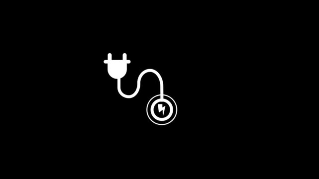 Power charge icon with electric plug and lightning bolt animation on black background. Lightning bolt electric plug animation for charging supply, energy, power and technology concepts icon.