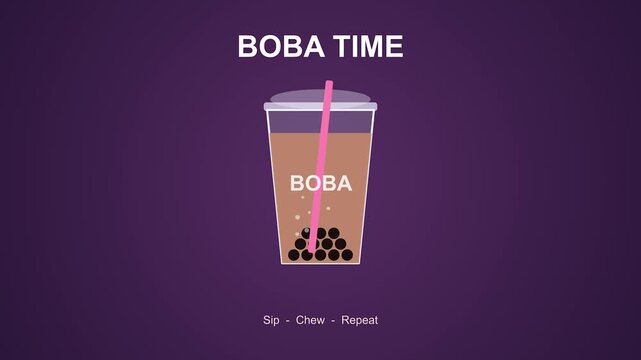 Boba tea drink preparation animation with tapioca pearls and straw in studio lighting