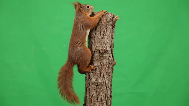 Red squirrel climbing tree trunk against green screen background